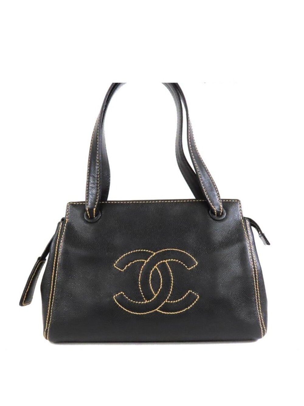 Chanel CC Logo Stitch Shoulder Bag Black Gold Caviar Leather